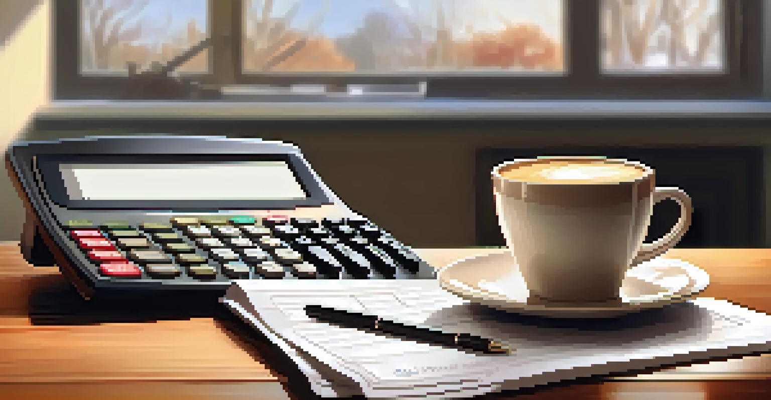 A calculator, tax forms, and a cup of coffee on a wooden table in a cozy home office.