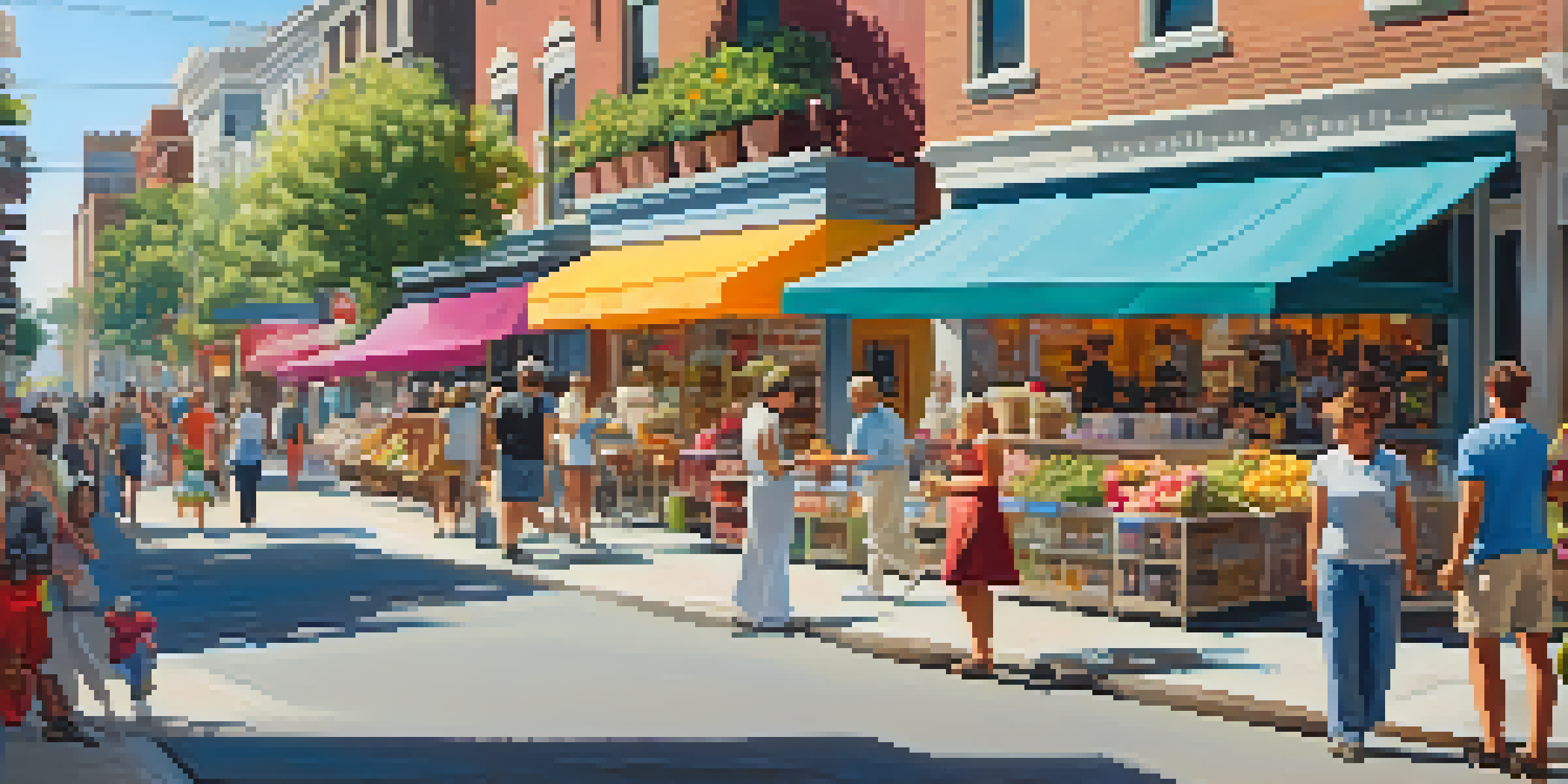 A busy city street filled with people shopping and socializing, with a family enjoying ice cream and a street vendor selling flowers.