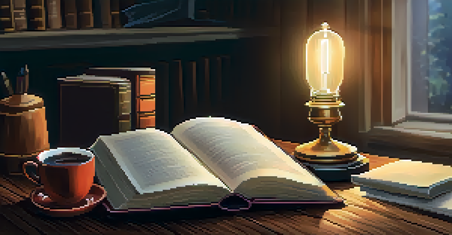 A legal book about bankruptcy on a wooden table, with a notepad and a cup of coffee beside it.