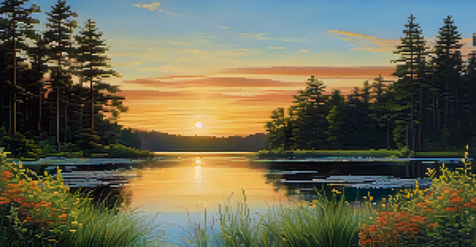 A peaceful lake scene with green forests, a colorful sunset, and blooming wildflowers in the foreground.