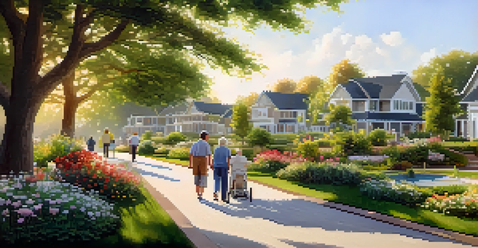A peaceful retirement community with modern houses, greenery, and people enjoying a stroll.