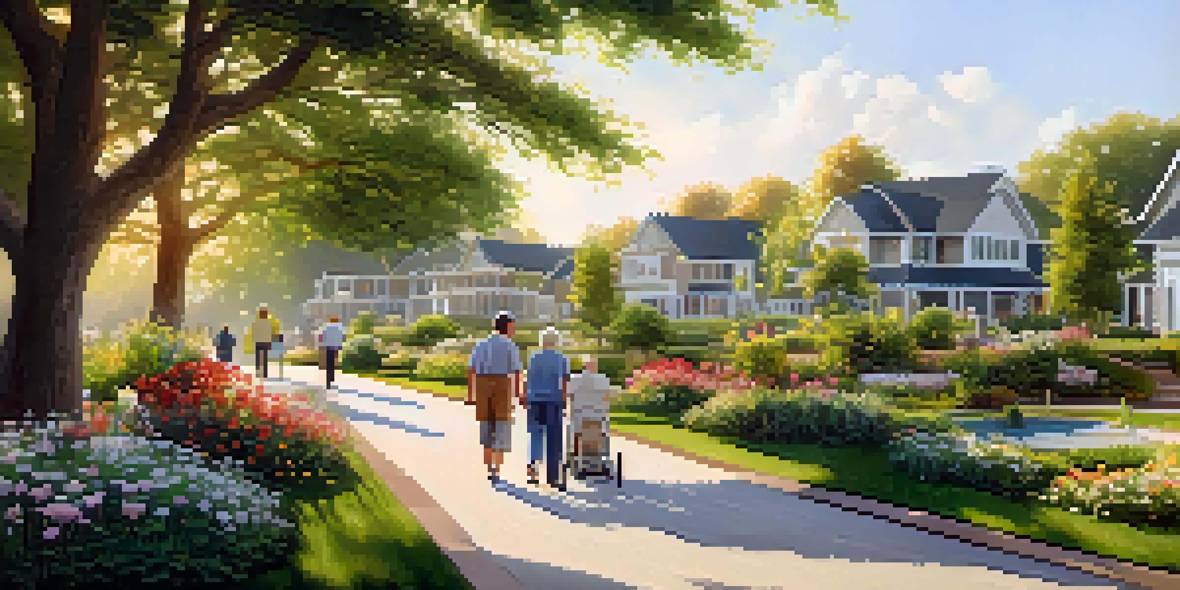 A peaceful retirement community with modern houses, greenery, and people enjoying a stroll.
