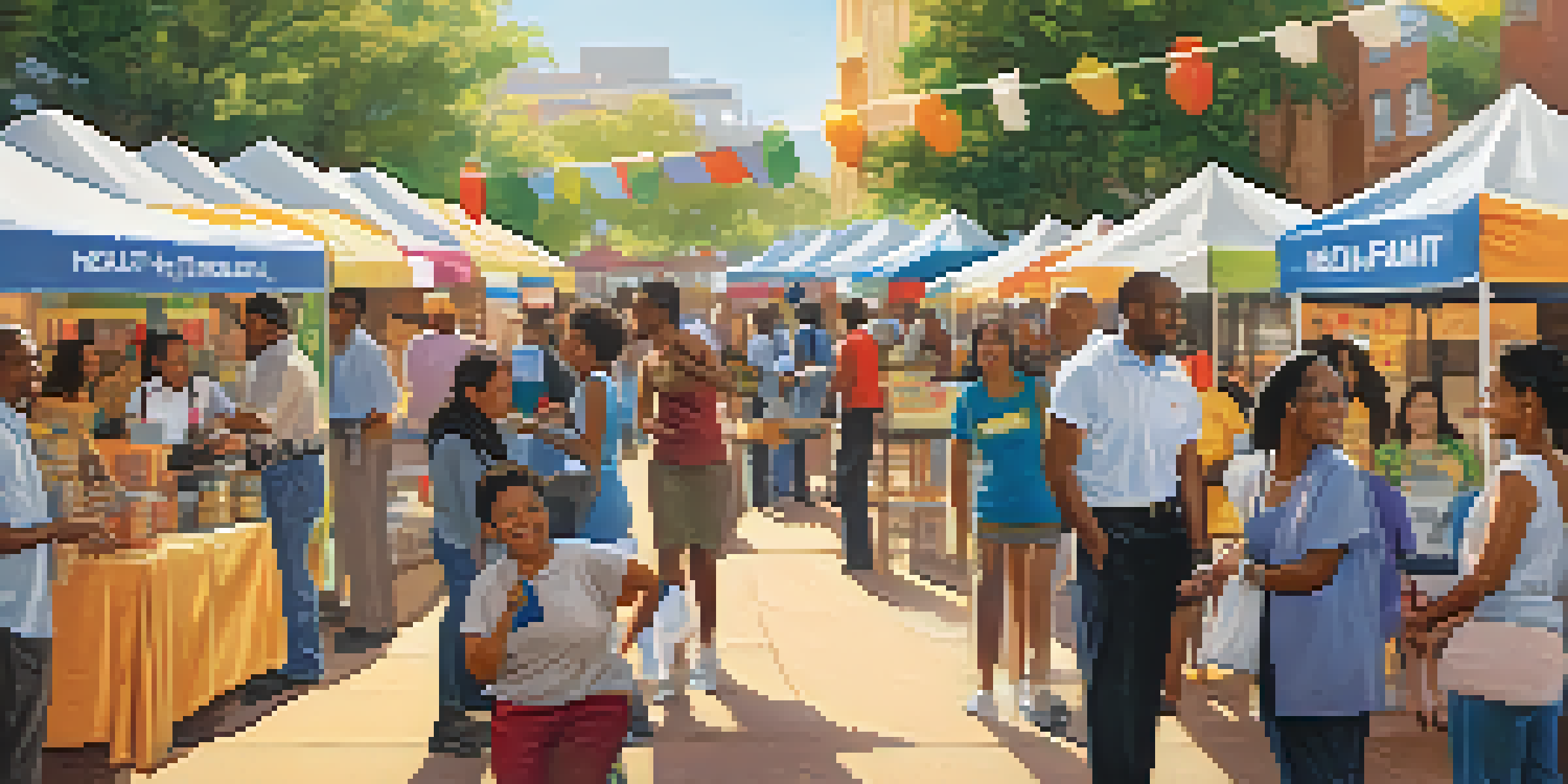A community health fair with diverse individuals engaging at colorful booths, surrounded by banners promoting health initiatives under warm sunlight.