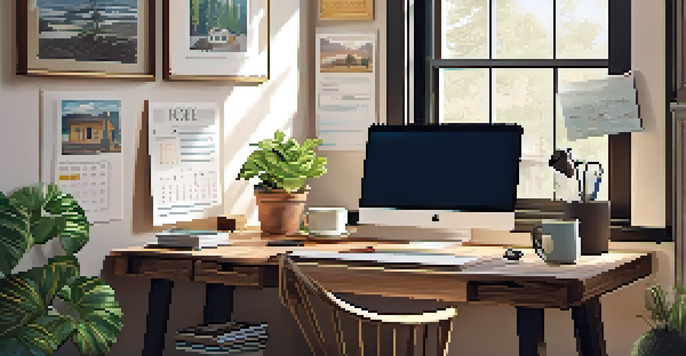 A cozy home office with a wooden desk, laptop, potted plants, and motivational quotes on the walls, illuminated by natural light.