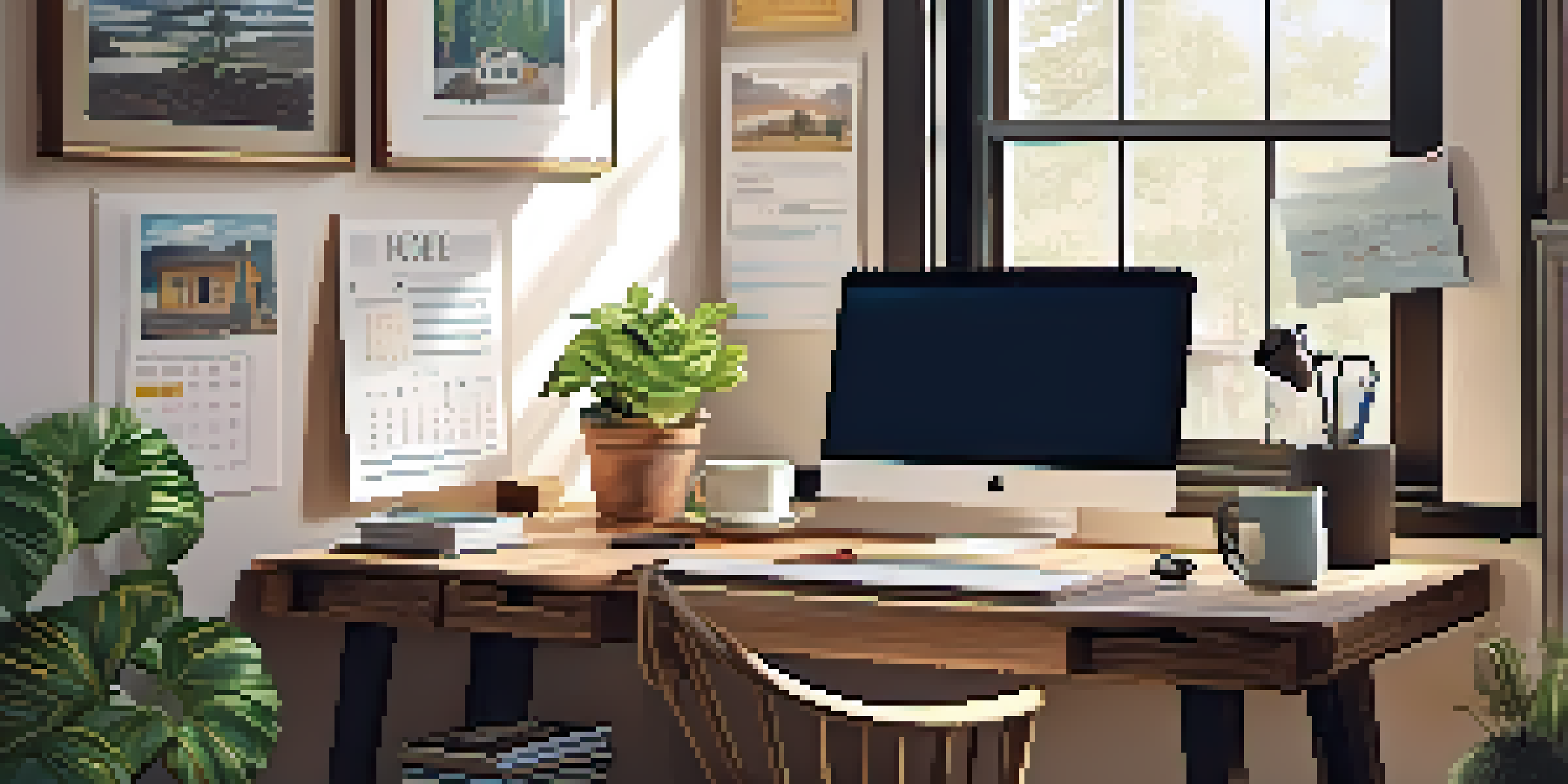 A cozy home office with a wooden desk, laptop, potted plants, and motivational quotes on the walls, illuminated by natural light.
