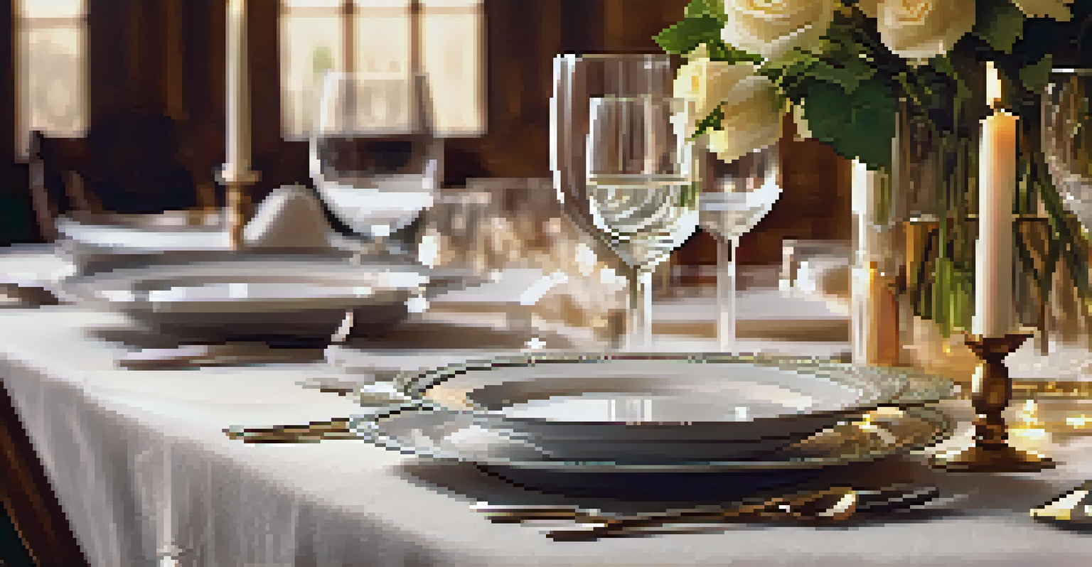 A beautifully set wooden dining table with plates, silverware, candles, and flowers.