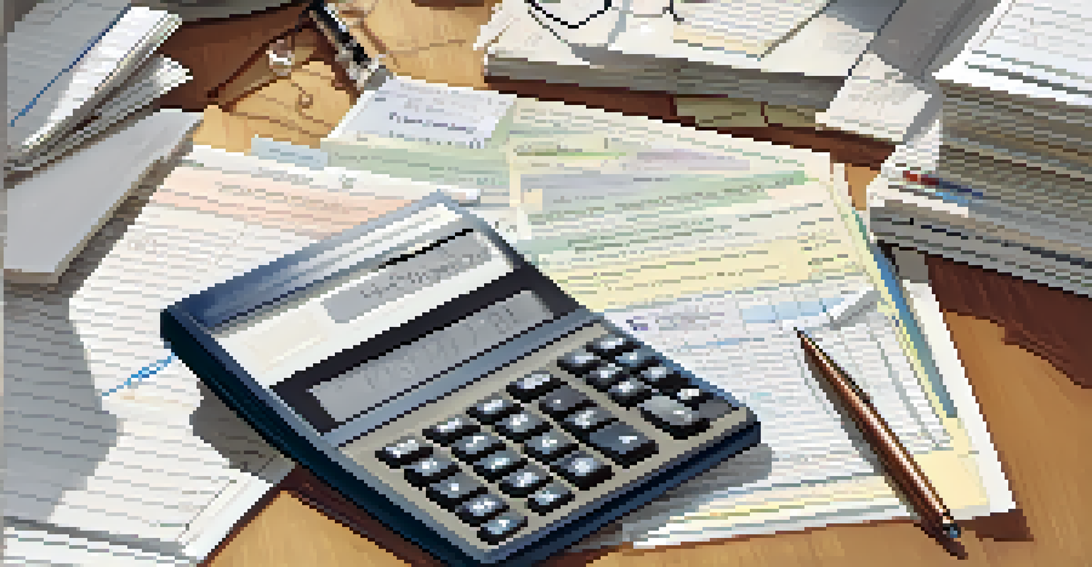 An organized desk with stacked tax documents, a calculator, and a notepad, all well-lit to emphasize the details of the paperwork.