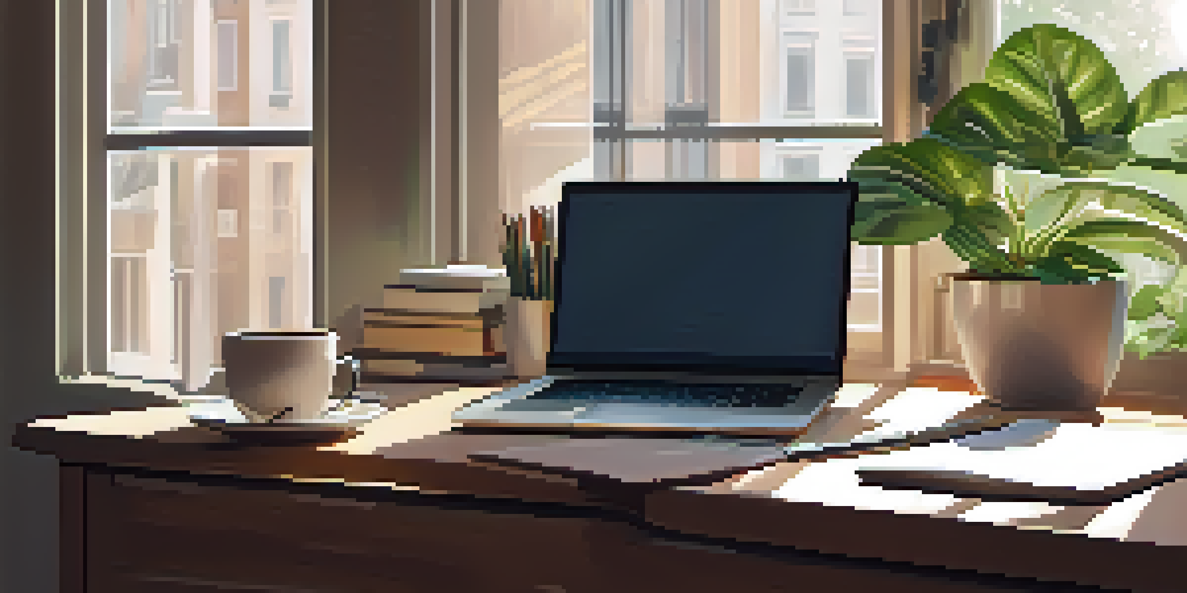 An organized office desk featuring a laptop, financial papers, a cup of coffee, and a potted plant, illuminated by warm morning light.
