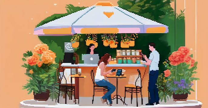 A person paying for coffee with a smartphone in a lively outdoor cafe, surrounded by flowers and greenery.