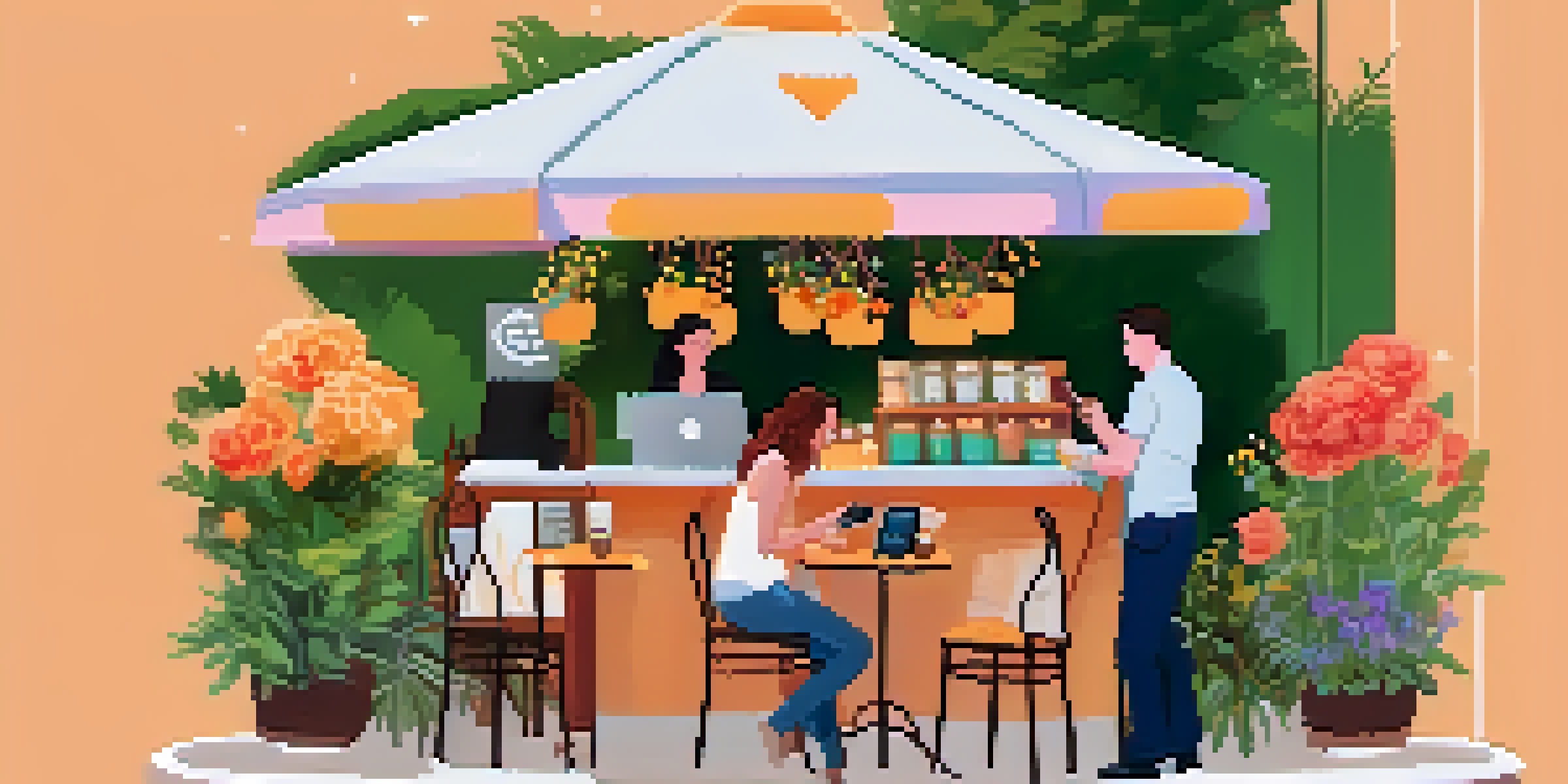 A person paying for coffee with a smartphone in a lively outdoor cafe, surrounded by flowers and greenery.