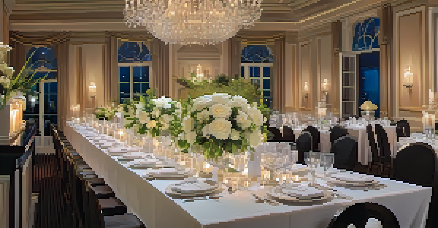 A beautifully set dining table for a charity event with candles and floral decorations, guests in formal attire in the background.