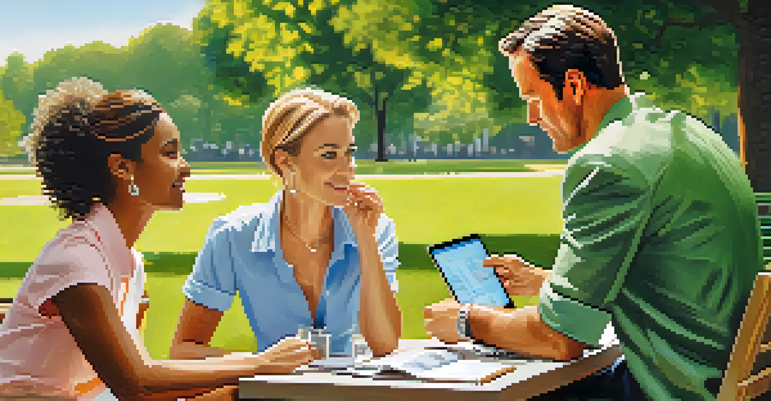 A financial advisor discussing stock options with a couple at a picnic table in a sunny park.