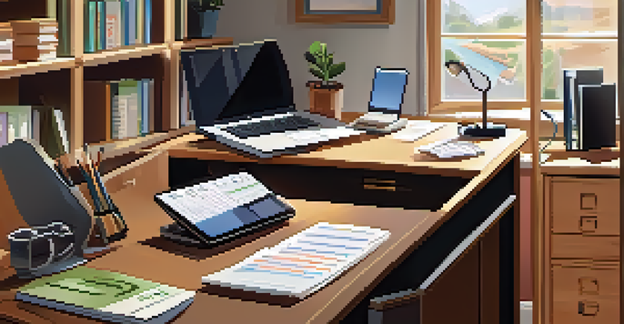 A cozy home office with a desk, laptop, tax documents, calendar, and books.