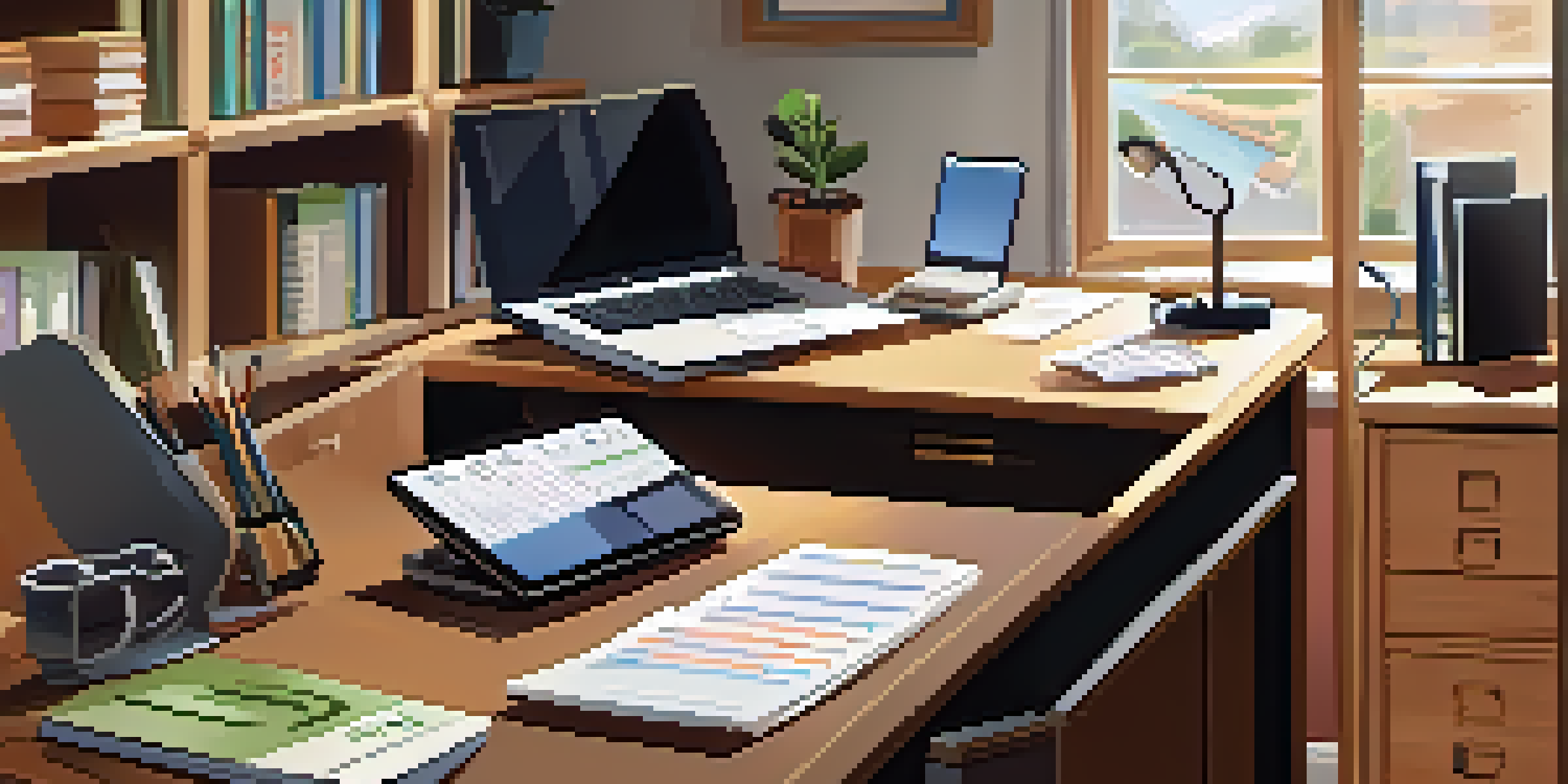 A cozy home office with a desk, laptop, tax documents, calendar, and books.