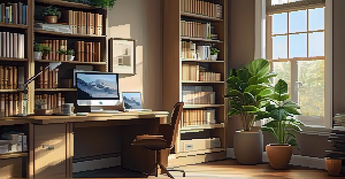 A cozy home office with a wooden desk, a laptop, organized financial documents, and a potted plant, illuminated by natural light.