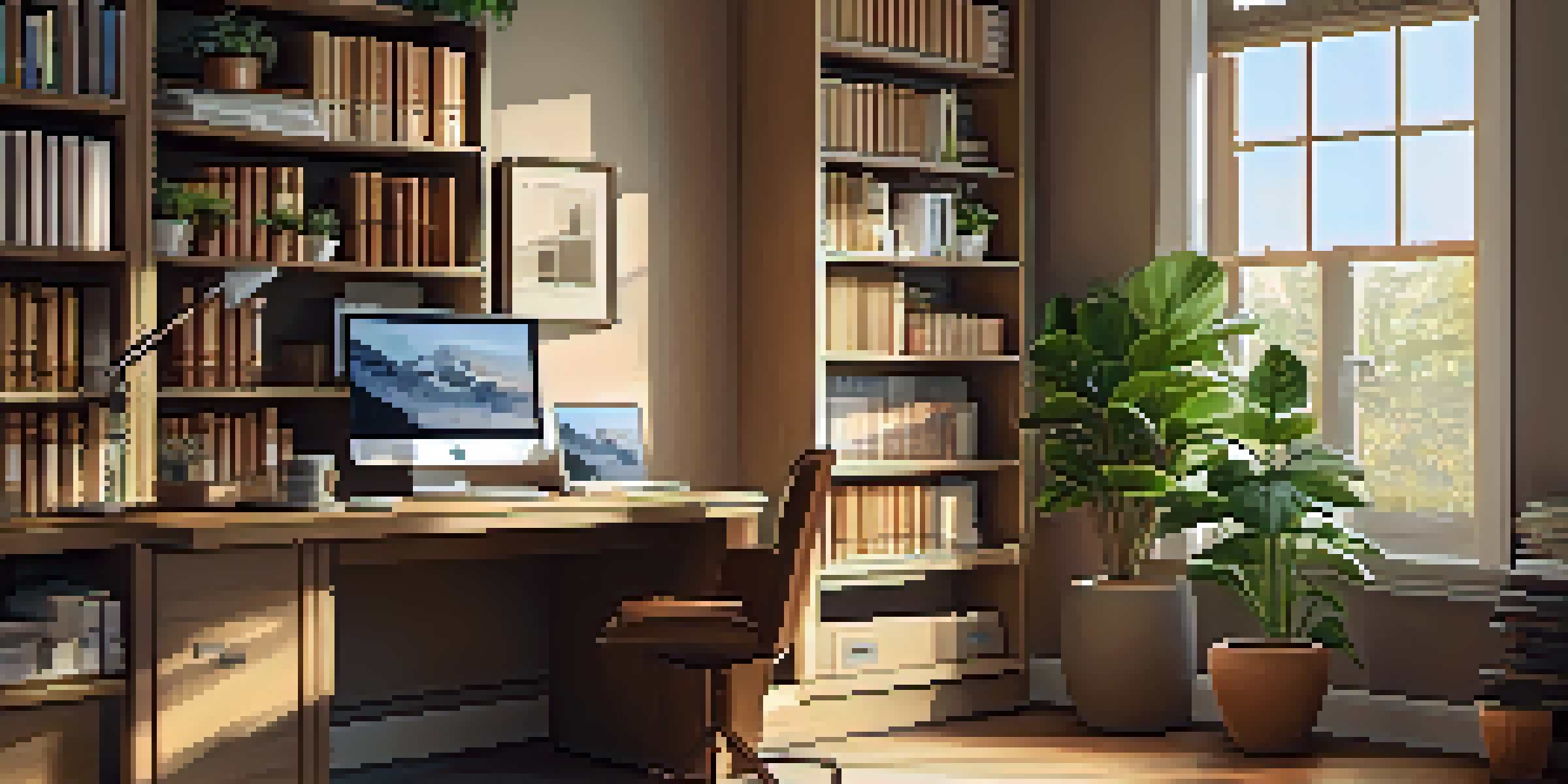 A cozy home office with a wooden desk, a laptop, organized financial documents, and a potted plant, illuminated by natural light.