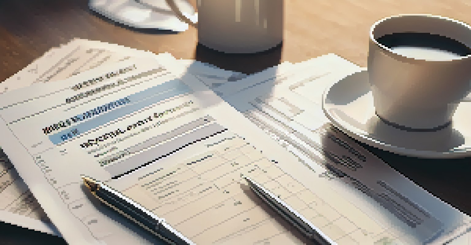 A close-up of a financial report on tax implications in mergers and acquisitions with a calculator and coffee on a wooden desk.
