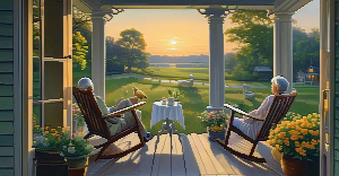 A peaceful retirement scene with a couple on a porch overlooking a garden during sunset.