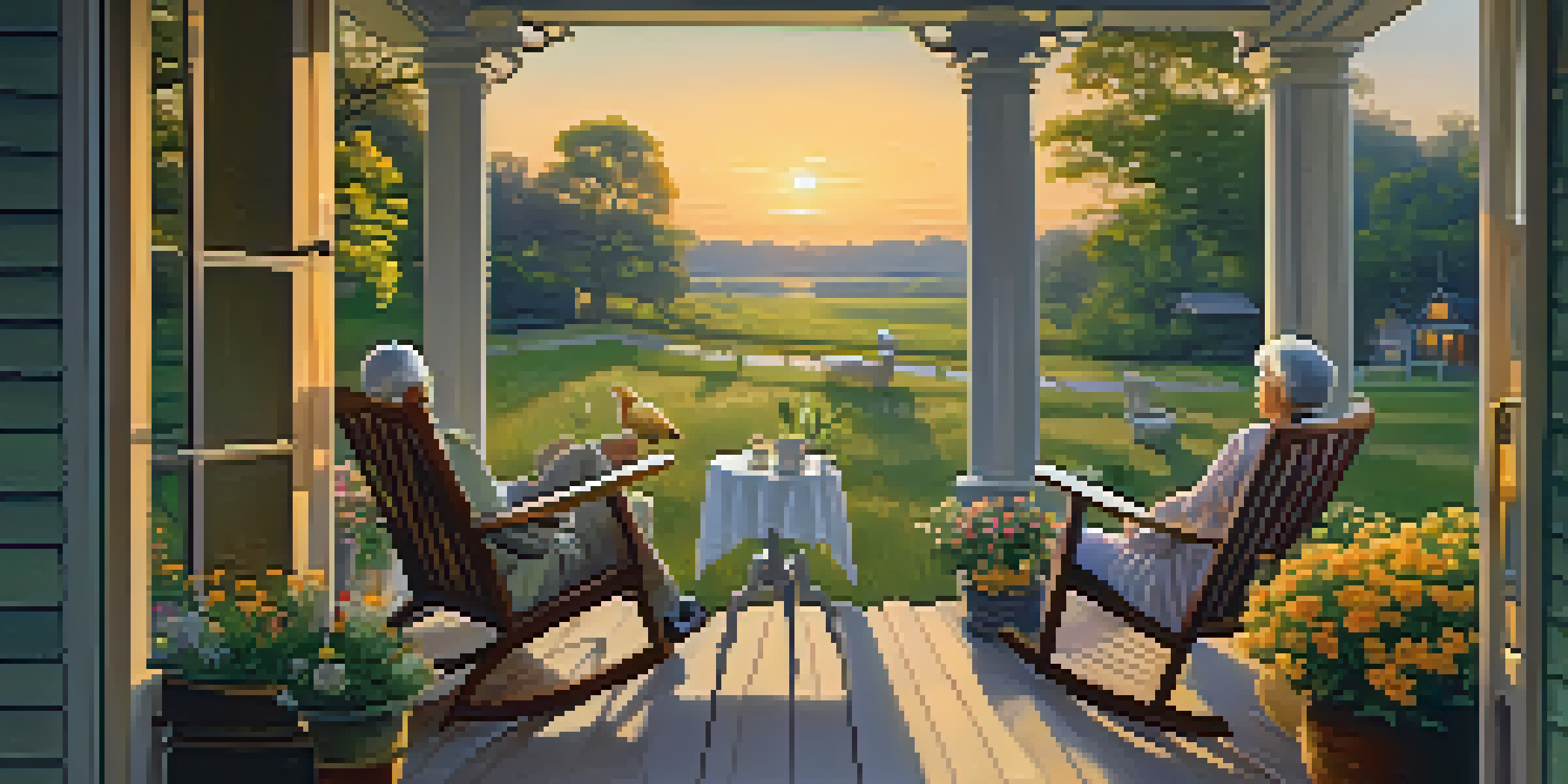 A peaceful retirement scene with a couple on a porch overlooking a garden during sunset.
