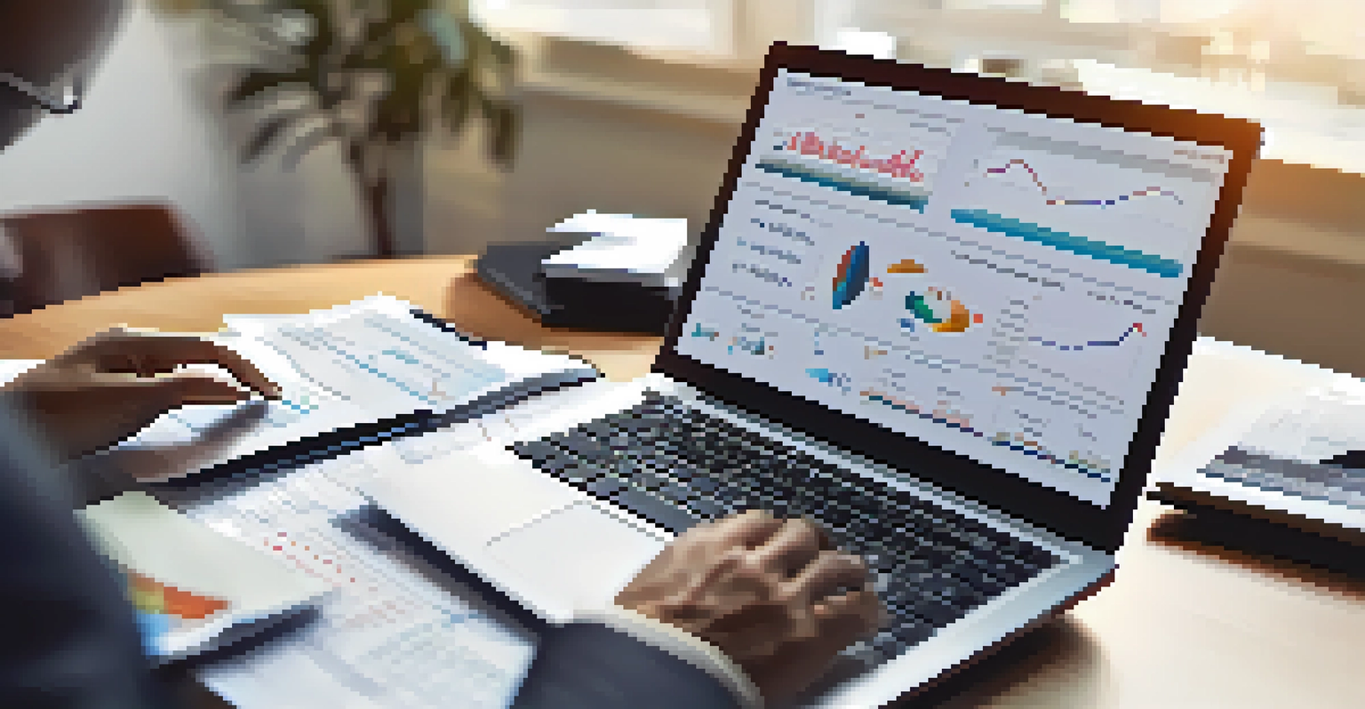 A close-up image of hands typing on a laptop, reviewing income tax rate charts and graphs, with natural light illuminating the scene.