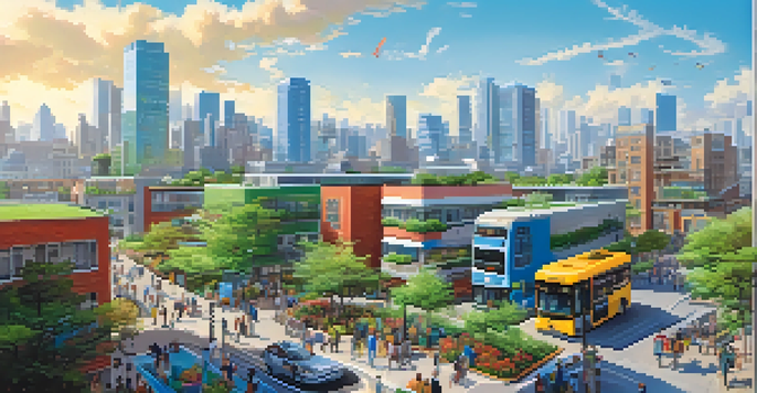 A vibrant city scene featuring eco-friendly buildings, solar panels, electric buses, and green parks, with people engaging in sustainable activities.