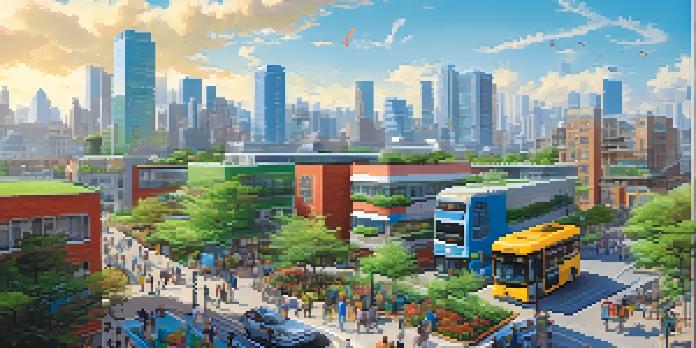 A vibrant city scene featuring eco-friendly buildings, solar panels, electric buses, and green parks, with people engaging in sustainable activities.