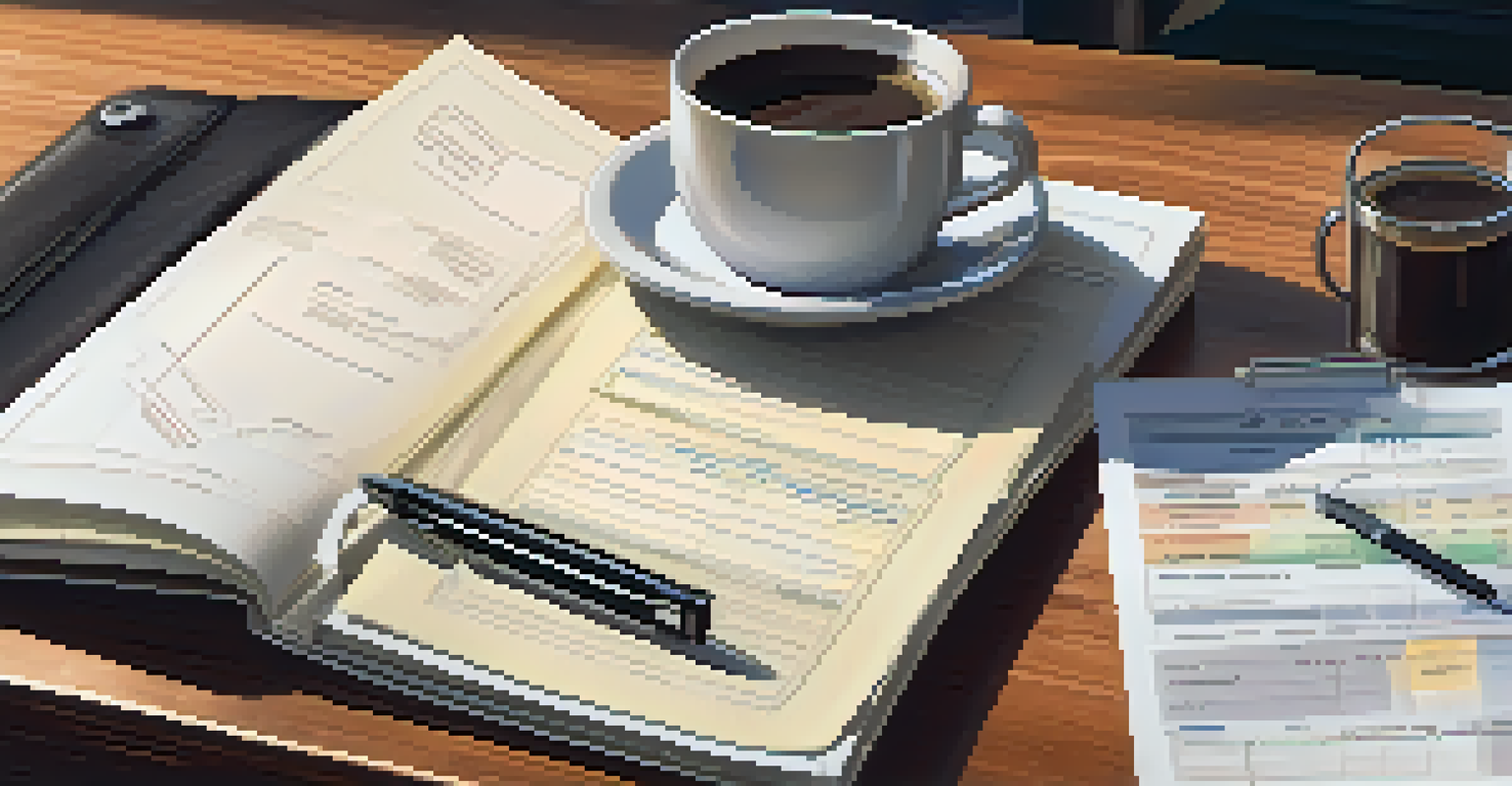 An open folder with documents and receipts on a table next to a cup of coffee.