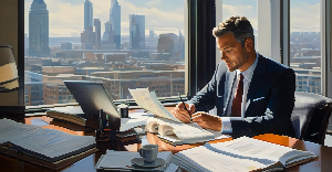 A businessman at a desk, reviewing documents related to international tax treaties in a modern office with a city view.