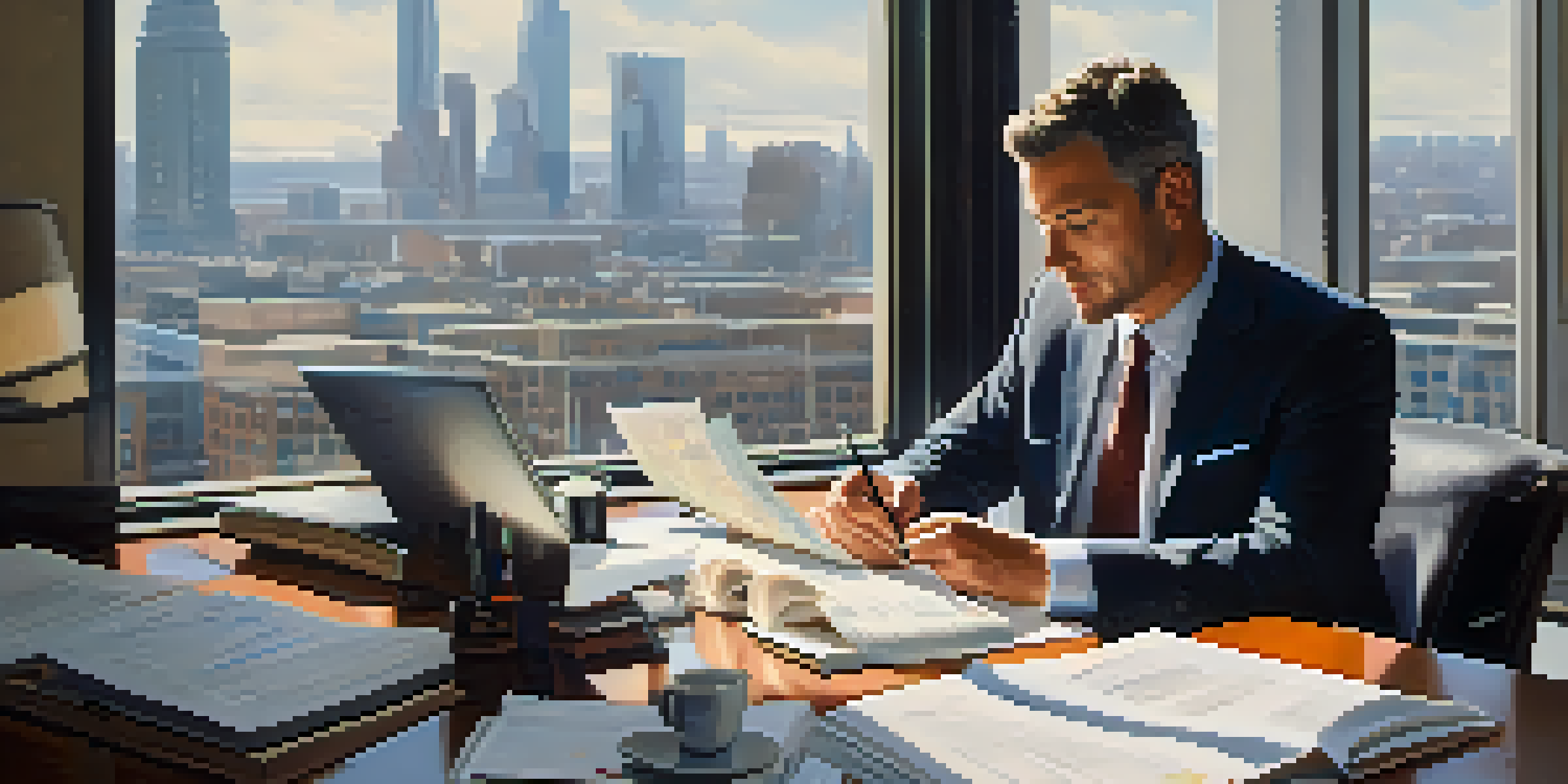 A businessman at a desk, reviewing documents related to international tax treaties in a modern office with a city view.