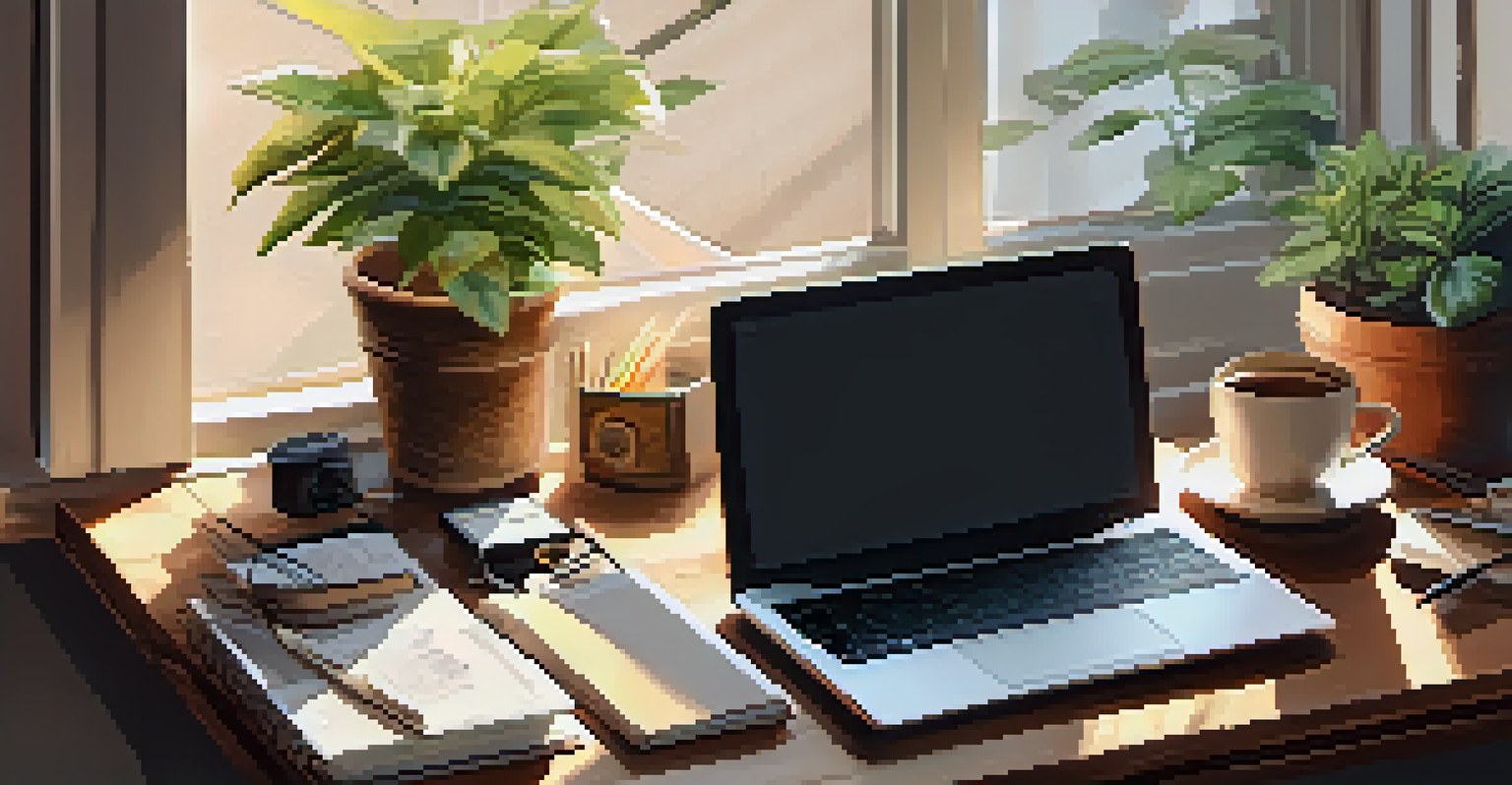 A stylish wooden desk with an open laptop, notebooks, and a coffee cup, illuminated by sunlight from a window.