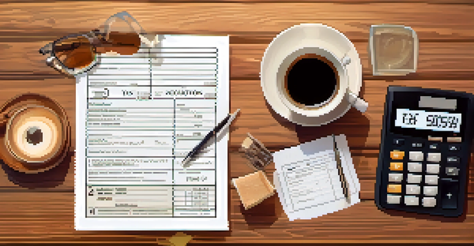 A flat lay image showing state tax forms, a calculator, a cup of coffee, and a notepad with notes on a wooden desk, illuminated by warm lighting.