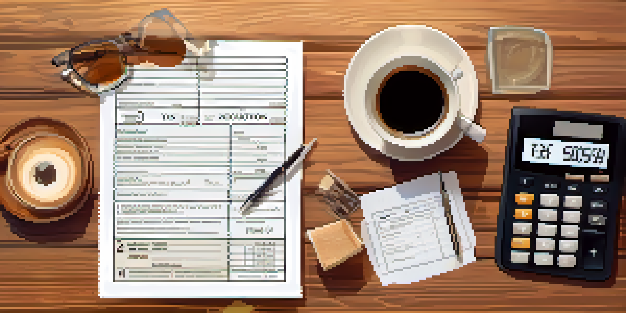 A flat lay image showing state tax forms, a calculator, a cup of coffee, and a notepad with notes on a wooden desk, illuminated by warm lighting.