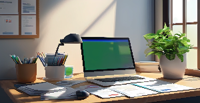 An organized office desk featuring colorful folders for tax records, a laptop with accounting software open, and a potted plant.