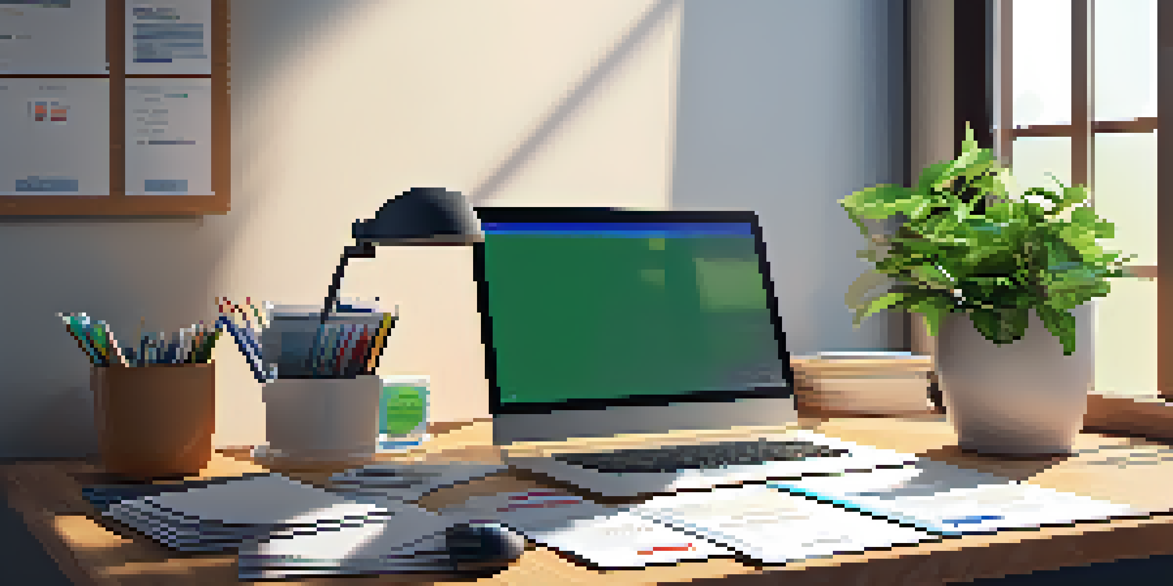 An organized office desk featuring colorful folders for tax records, a laptop with accounting software open, and a potted plant.