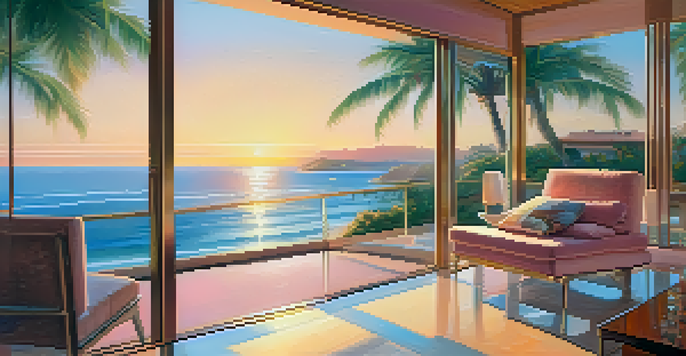 A modern seaside villa with glass windows at sunset, overlooking the ocean and palm trees.