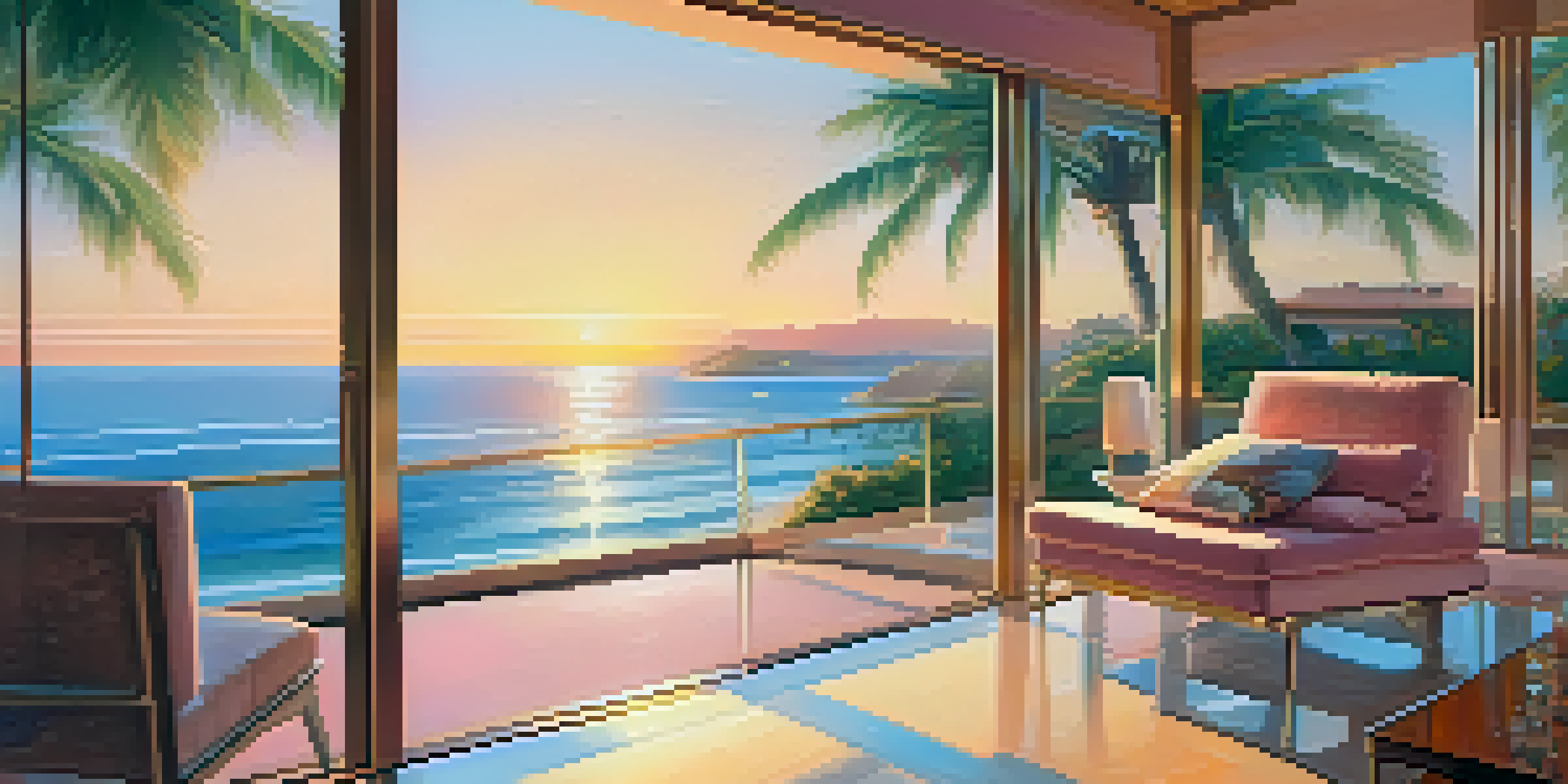 A modern seaside villa with glass windows at sunset, overlooking the ocean and palm trees.