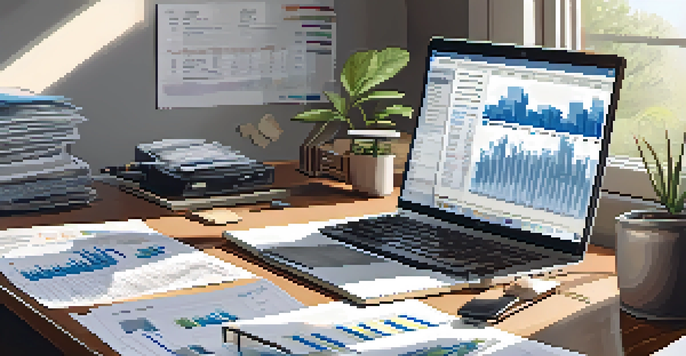 A professional accountant is sitting at a desk with financial documents and a laptop, in a well-lit room with natural light.