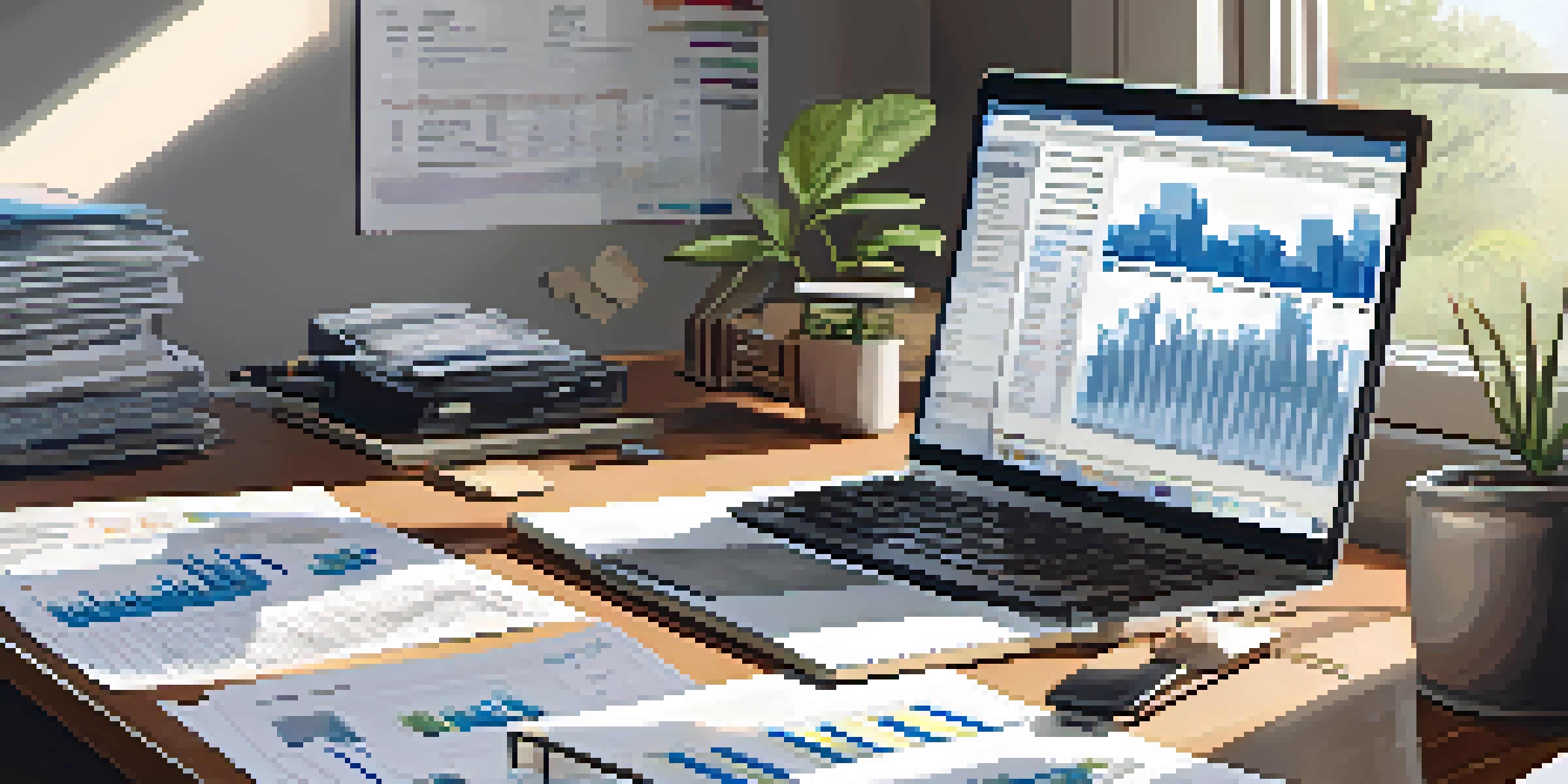 A professional accountant is sitting at a desk with financial documents and a laptop, in a well-lit room with natural light.