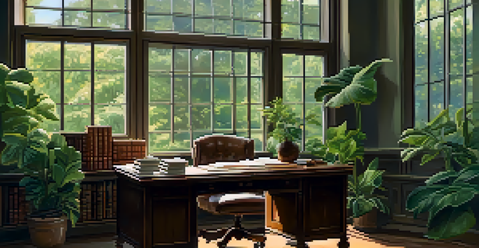 A calm office space with a wooden desk, vintage pen, open ledger, green plants, and a cozy chair.