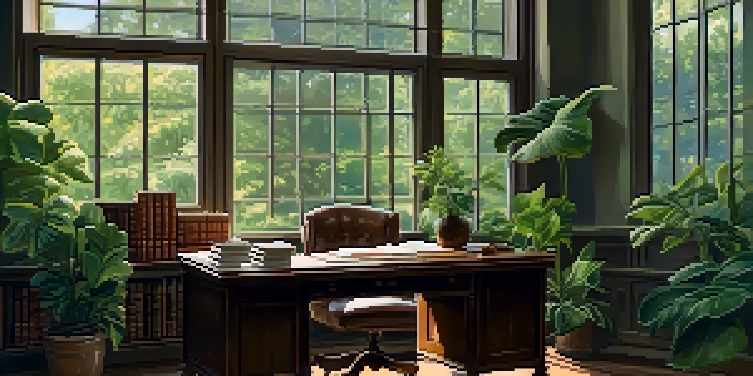 A calm office space with a wooden desk, vintage pen, open ledger, green plants, and a cozy chair.