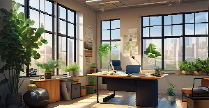 A bright office room filled with natural light, featuring a modern desk with tax documents and a laptop, surrounded by green plants and motivational finance posters.