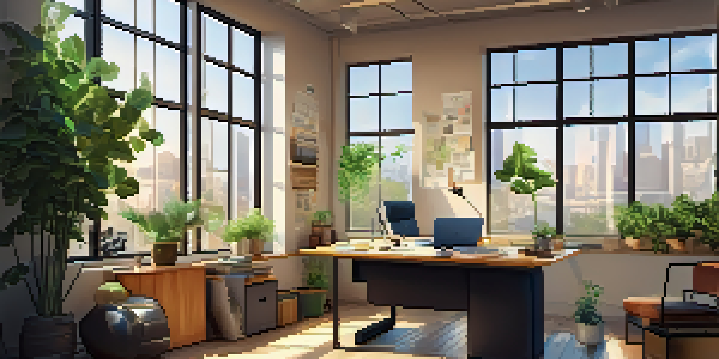 A bright office room filled with natural light, featuring a modern desk with tax documents and a laptop, surrounded by green plants and motivational finance posters.