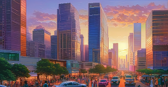 A lively urban scene at sunset with skyscrapers and diverse people interacting.