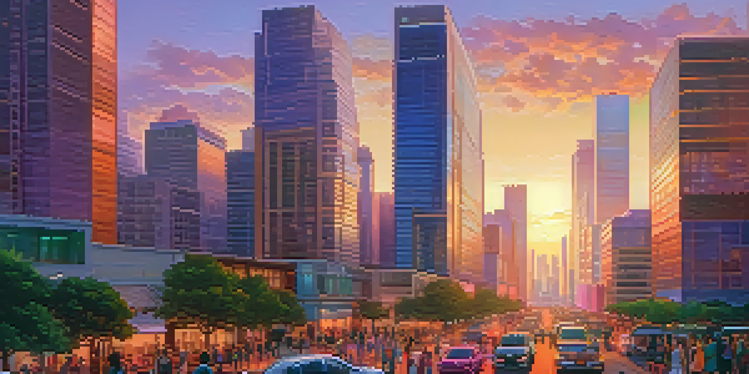 A lively urban scene at sunset with skyscrapers and diverse people interacting.