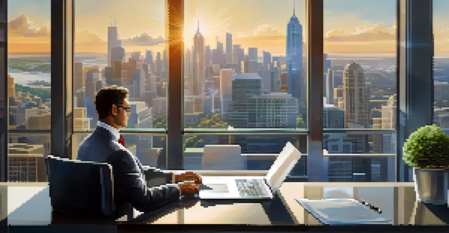 A corporate professional working on a laptop with financial graphs and documents, with a city skyline in the background.
