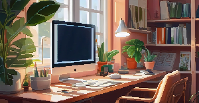 A warm and inviting home office space with a desk, laptop, and plants, illuminated by sunlight.