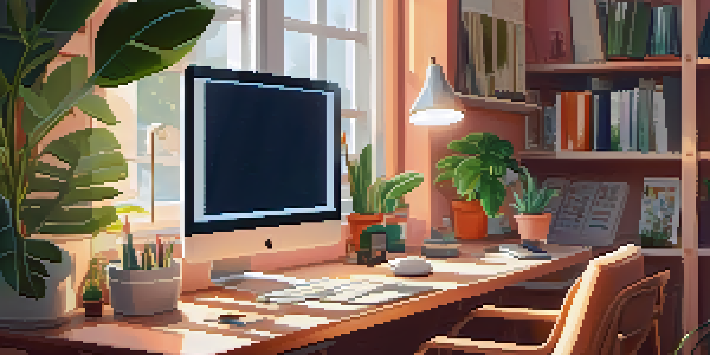 A warm and inviting home office space with a desk, laptop, and plants, illuminated by sunlight.