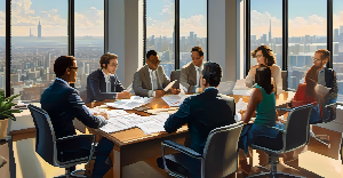 A diverse group of expatriates in a modern office discussing foreign income tax laws, with sunlight filtering through large windows.
