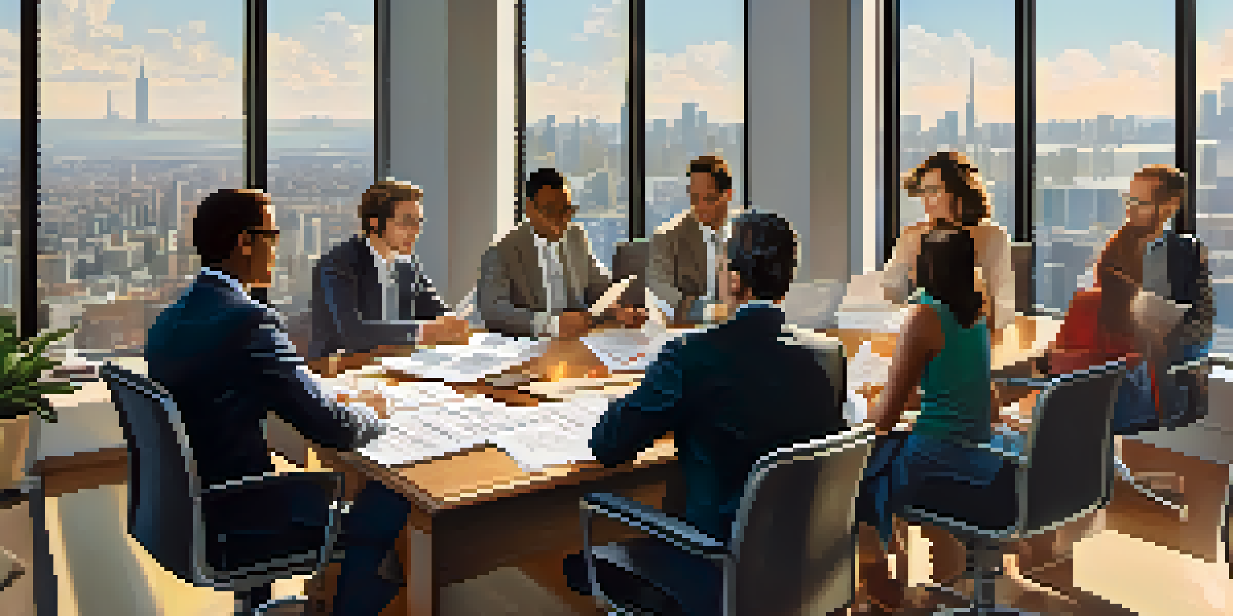 A diverse group of expatriates in a modern office discussing foreign income tax laws, with sunlight filtering through large windows.