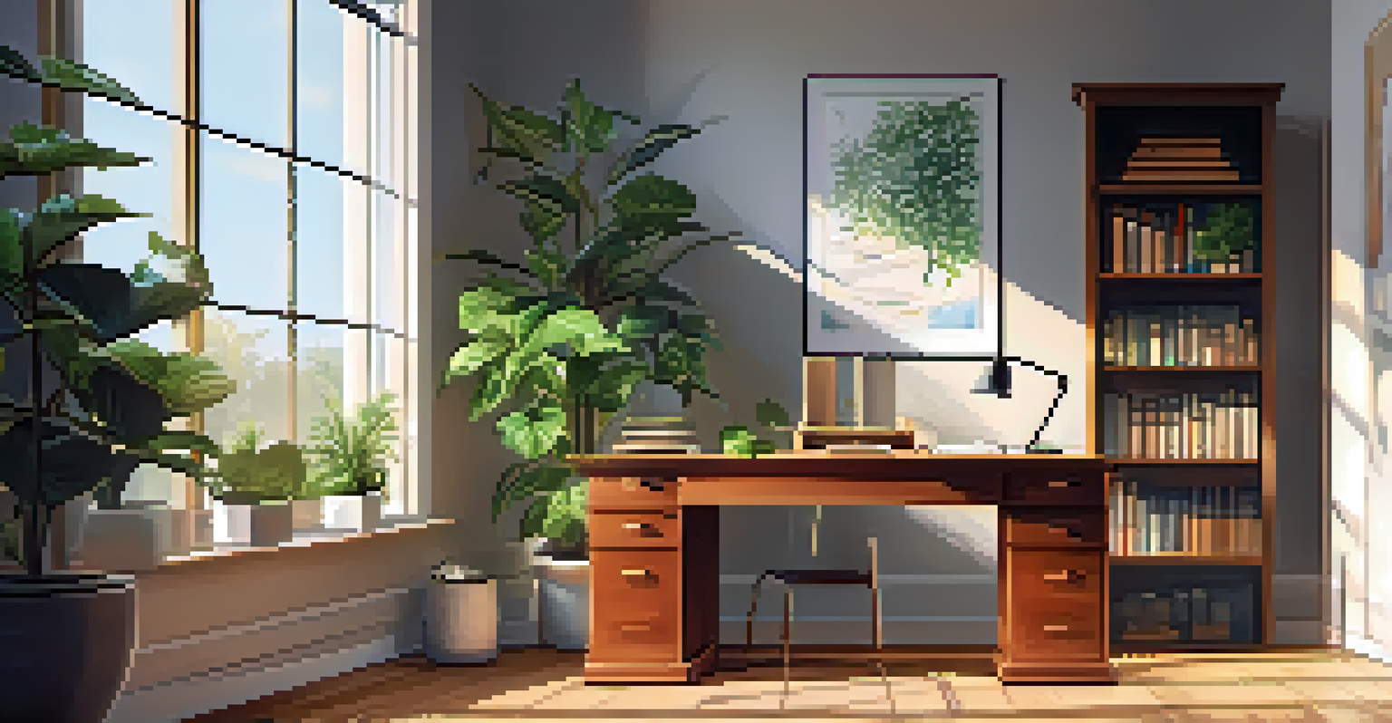 A serene office space with tax-related books, a laptop, and a notepad, illuminated by sunlight.